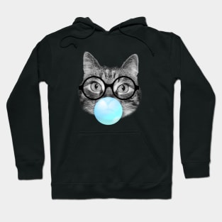 Cute fluffy cat blowing a blue bubble gum Hoodie